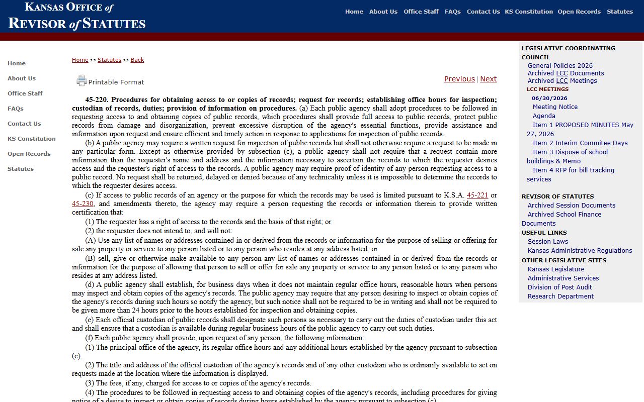 Republic County Clerk of the District Court K.S.A. 45-220 records procedures