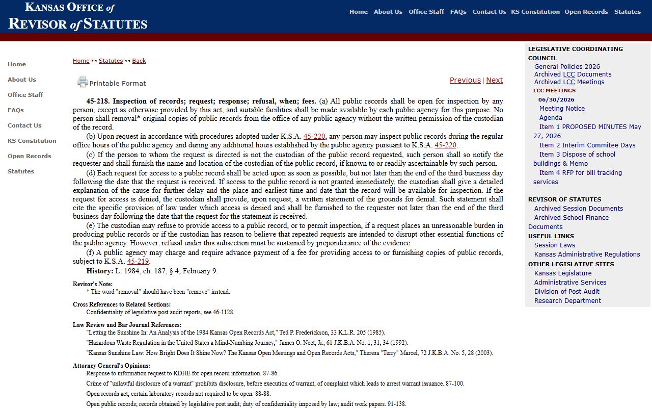 Republic County court dockets Kansas inspection request statute