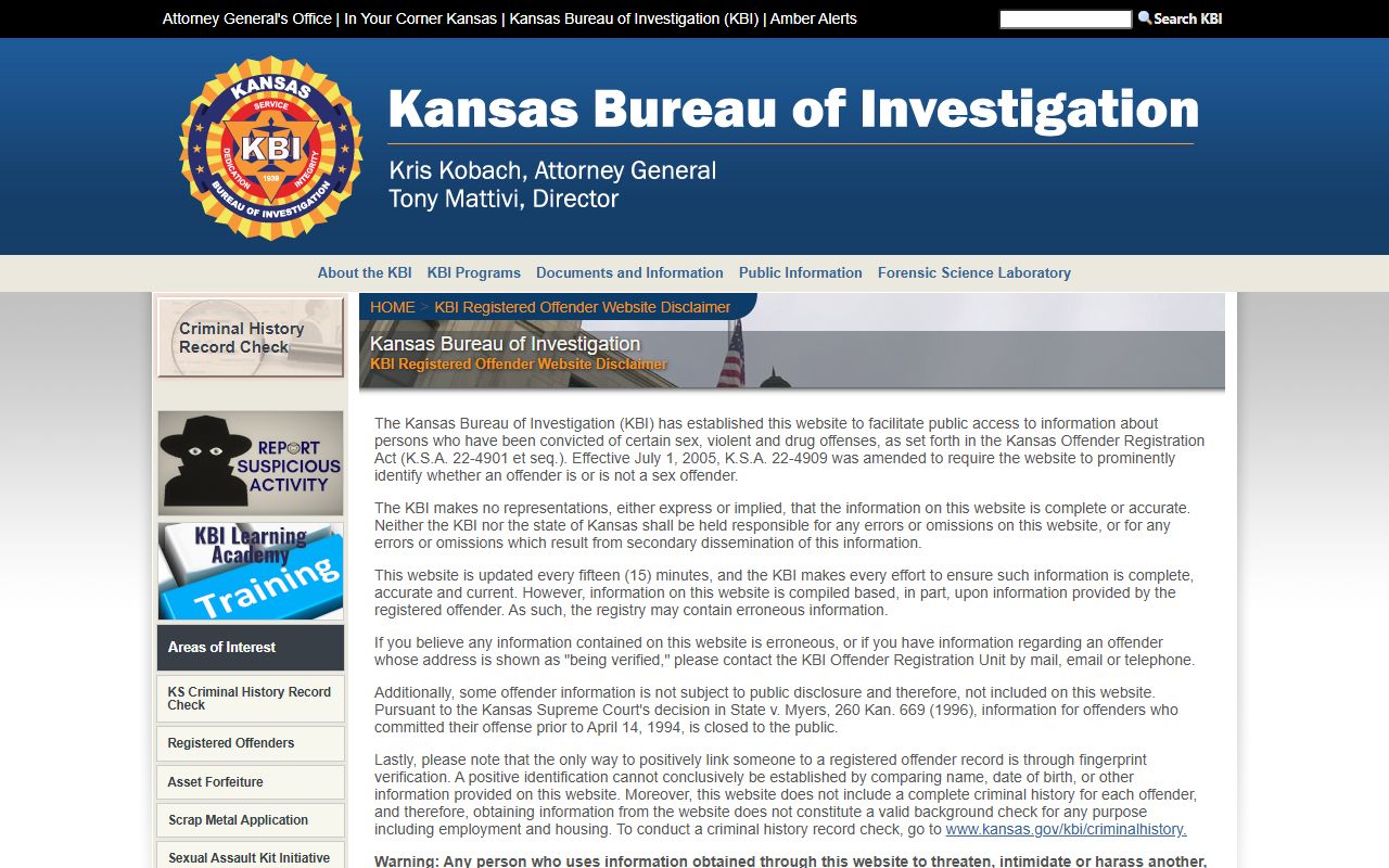 Republic County criminal court records KBI registered offender search
