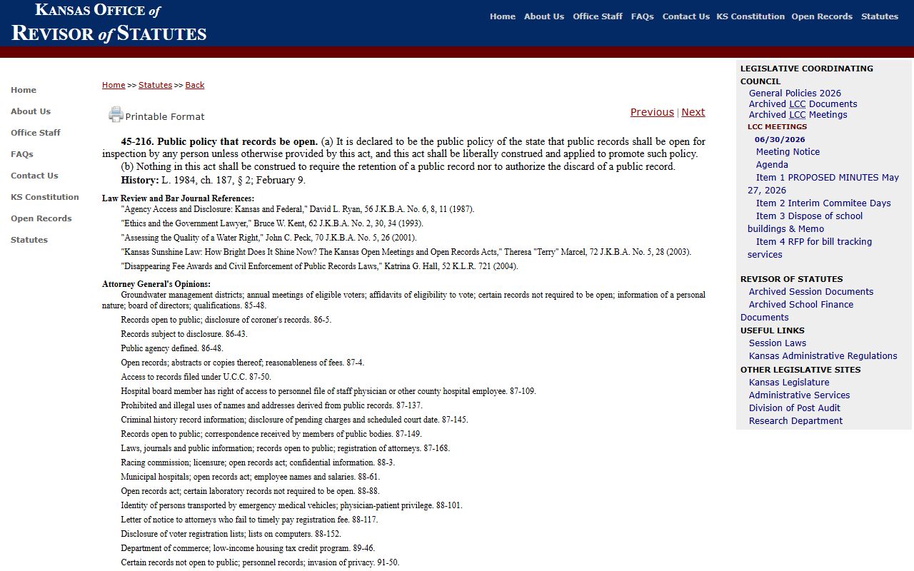 Republic County District Court K.S.A. 45-216 open records policy