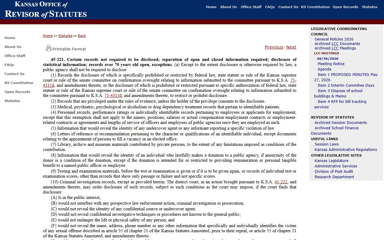 Republic County District Court K.S.A. 45-221 disclosure exceptions