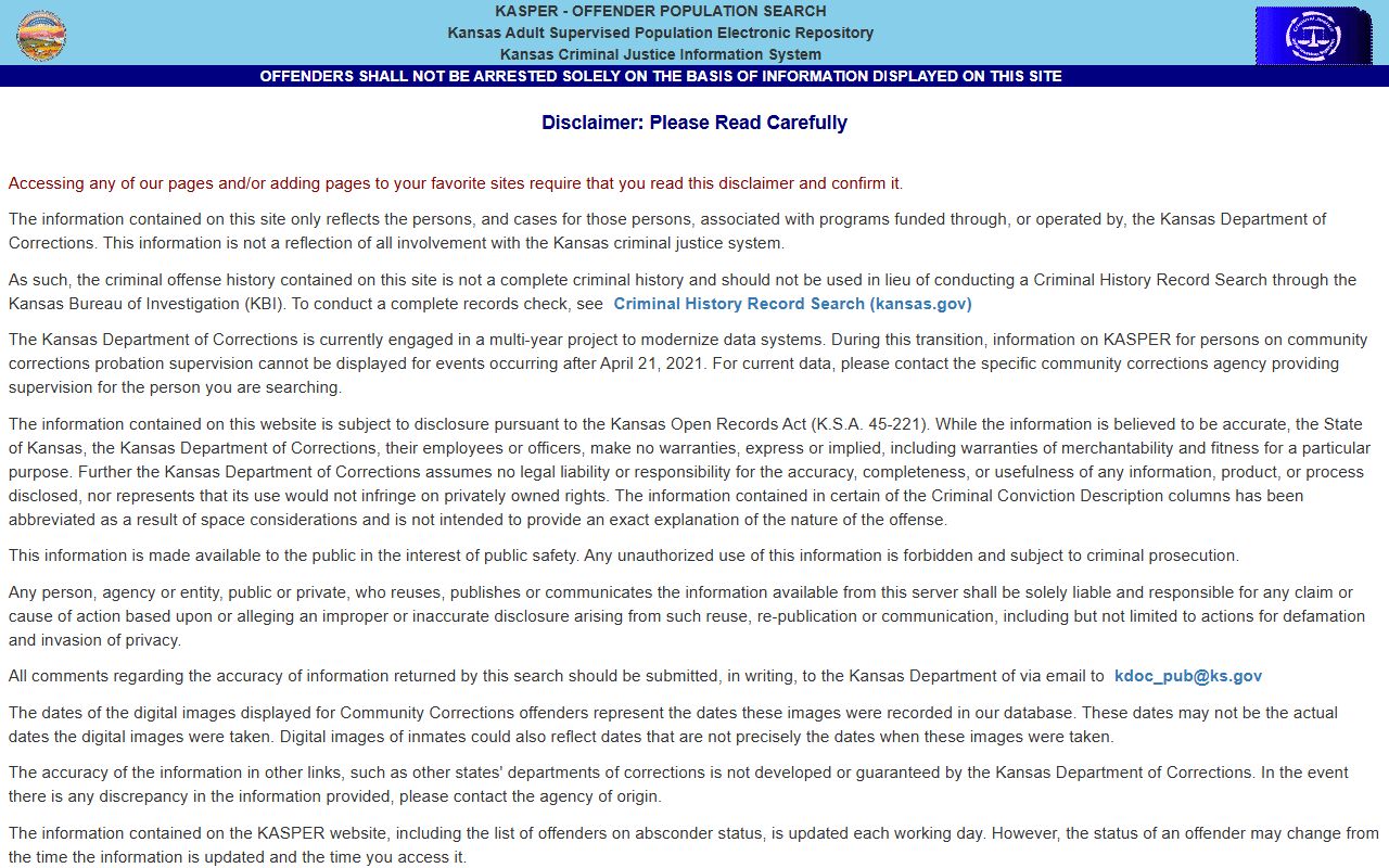 Republic County inmate records KDOC KASPER disclaimer source