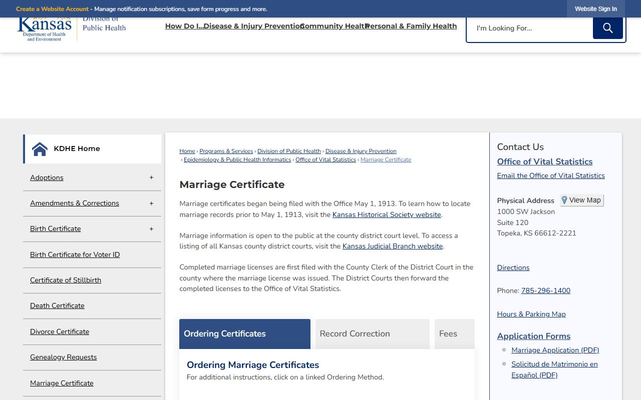Republic County marriage records KDHE marriage certificate source
