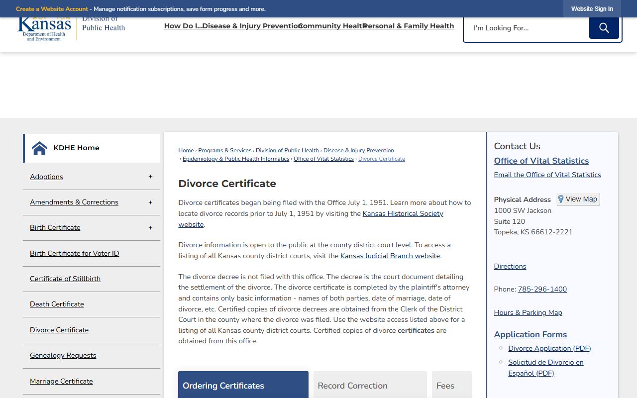 Republic County divorce records KDHE divorce certificate source